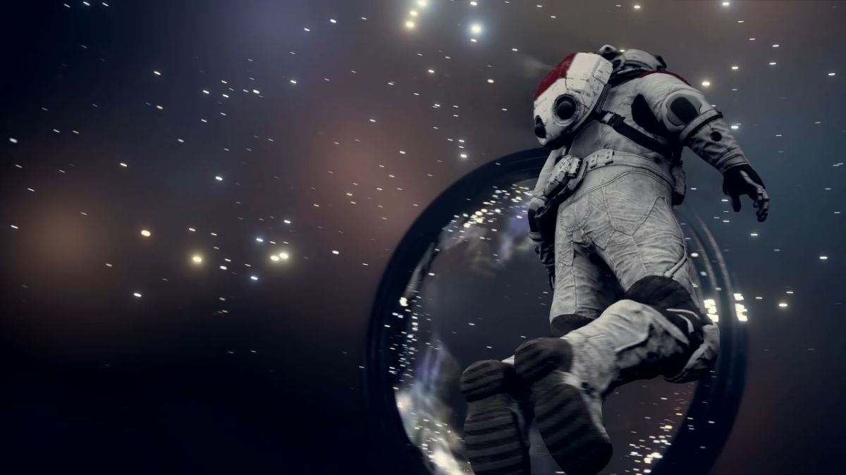 Image of a character wearing an astronaught suit jump in Starfield with glistening lights around them.