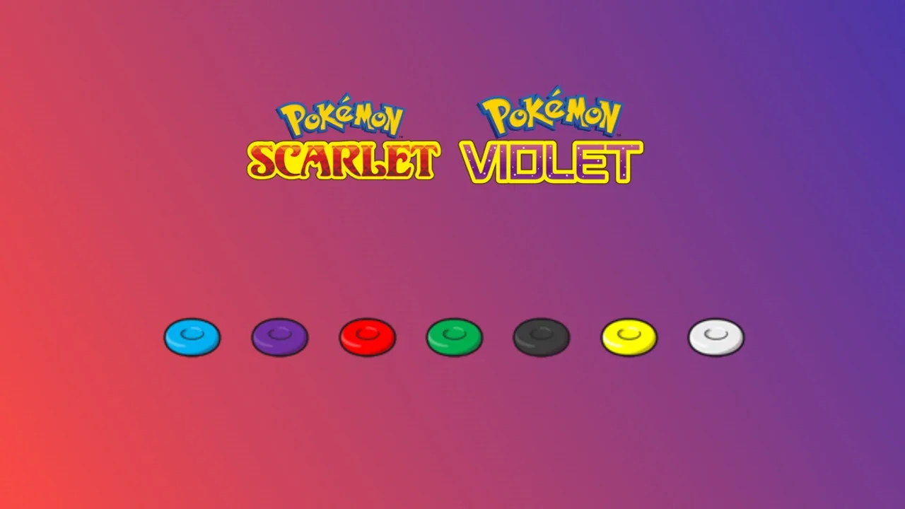 Blue, purple, red, green, black, yellow, and white mochi lined up on a scarlet and violet gradient background. The Pokémon Scarlet and Pokémon Violet logos are above