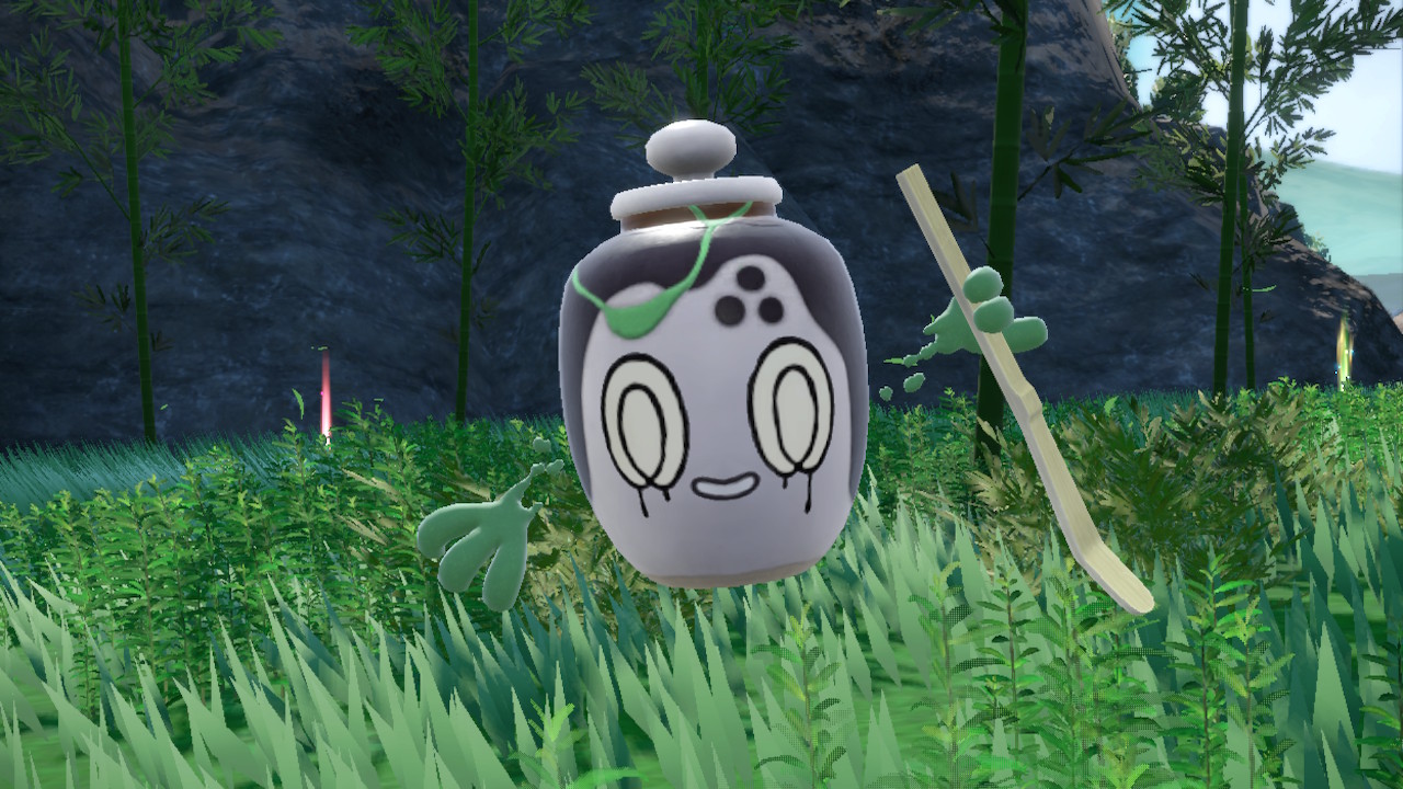 An in-game photo of smiling Poltchageist in a grassy field