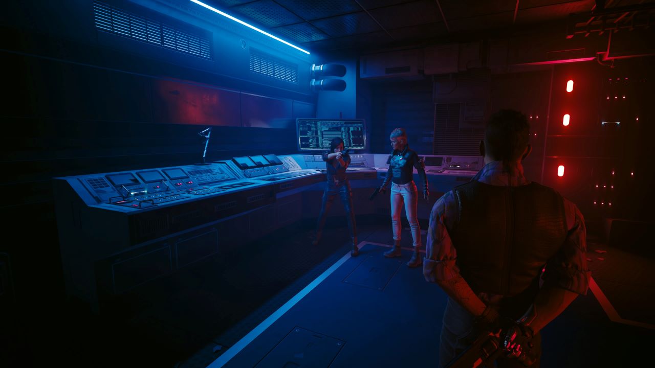 Image showcasing Bree and Dante in Cyberpunk 2077. The main player character is in a standoff stance.