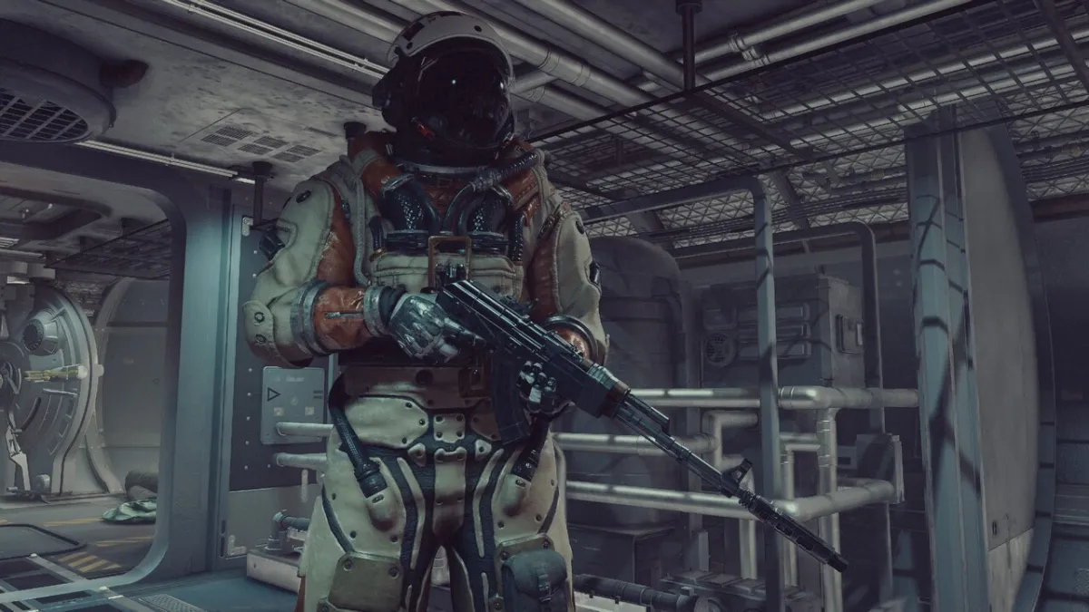 A Starfield player in a spacesuit stood inside a ship