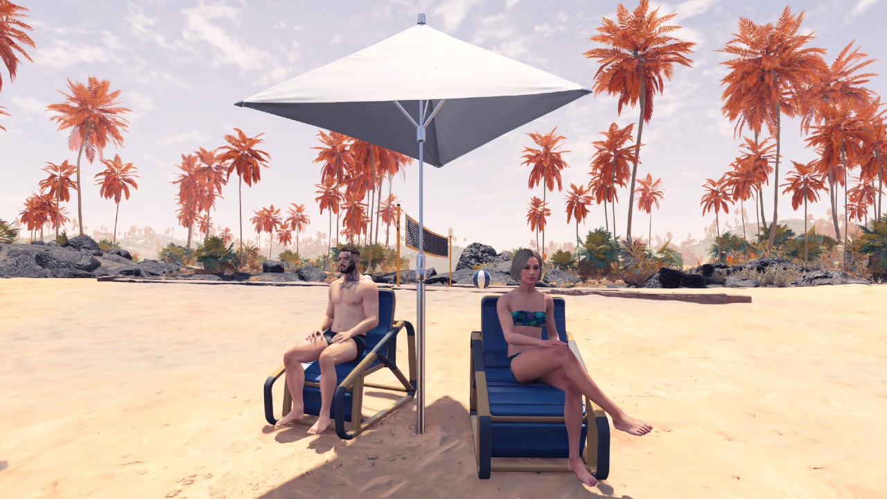 The player character and Sarah Morgan sitting on chairs together at the beach