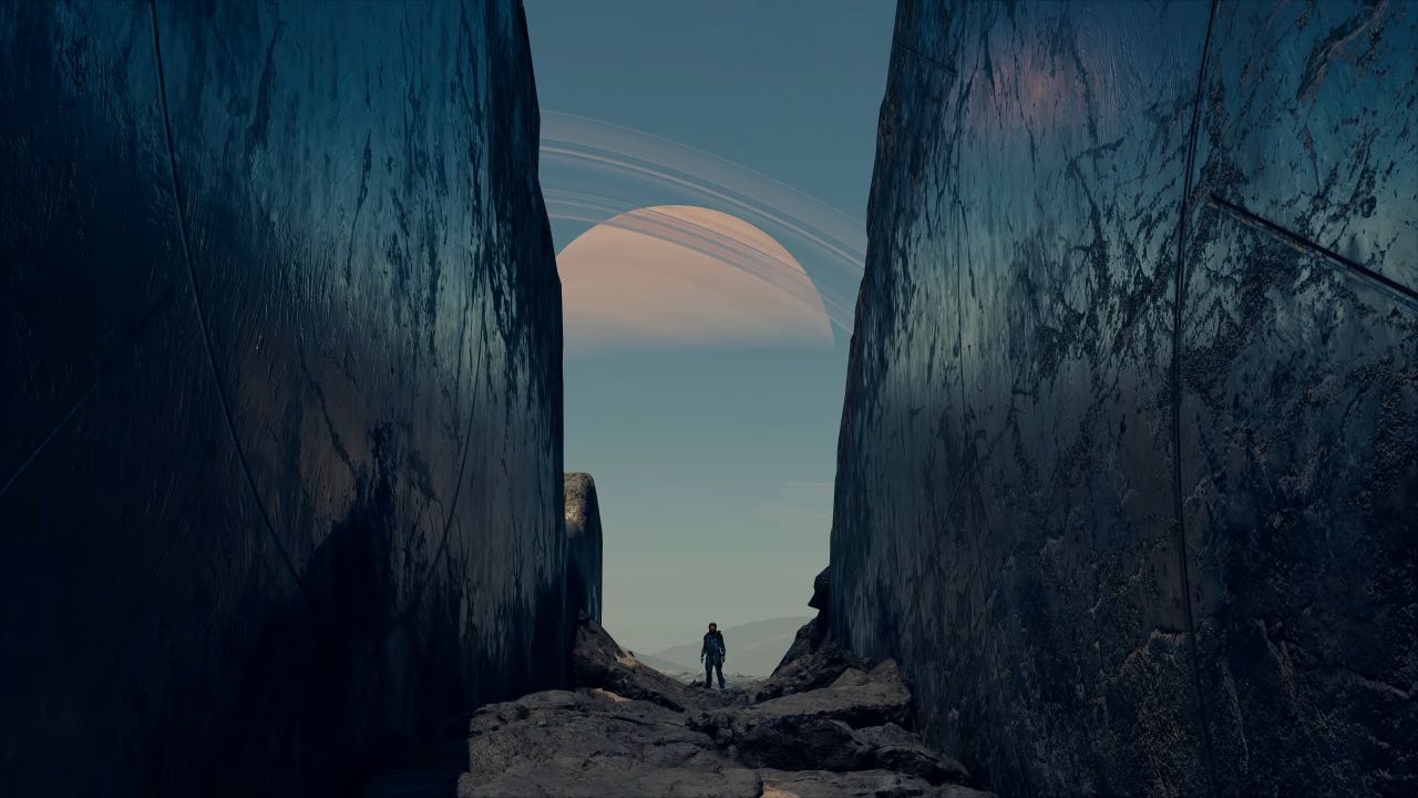 Image showcasing a Starfield character standing in a walled corridor with a planet in the background.