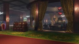 Image showcasing Fallout 76 with a room of green and red carpets. There are two dice on show in the centre of the room with draped curtains there.