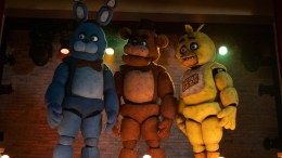 Bonnie, Freddy Fazbear and Chica stood on stage in the Five Nights at Freddy's movie