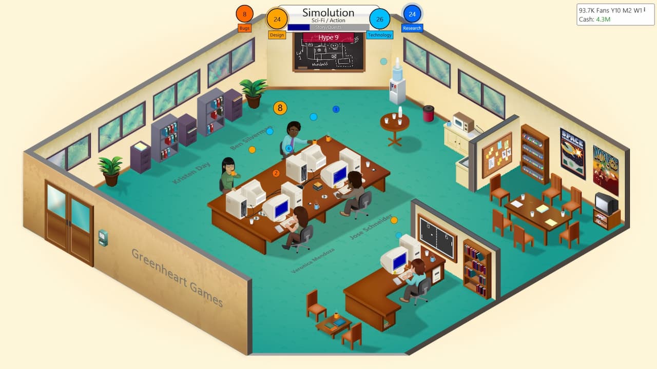 The Greenheart Studio in-game working on making a game that may do well in Game Dev Tycoon.