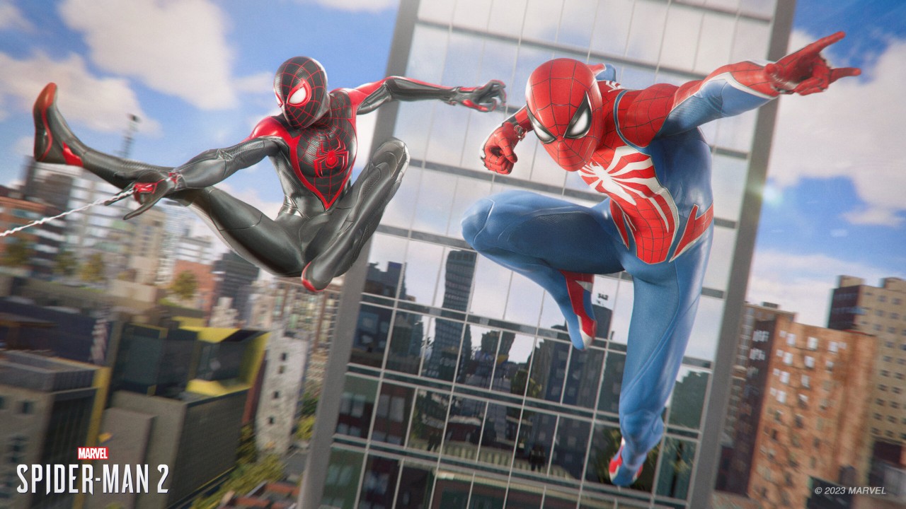 Peter Parker and Miles Morales posing high in the air, among New York skyscrapers