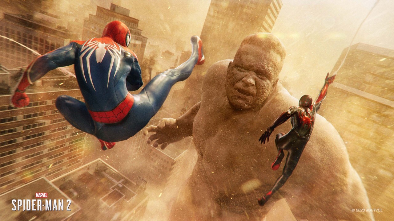Miles-and-Peter-fighting-Sandman-Spider-Man-2