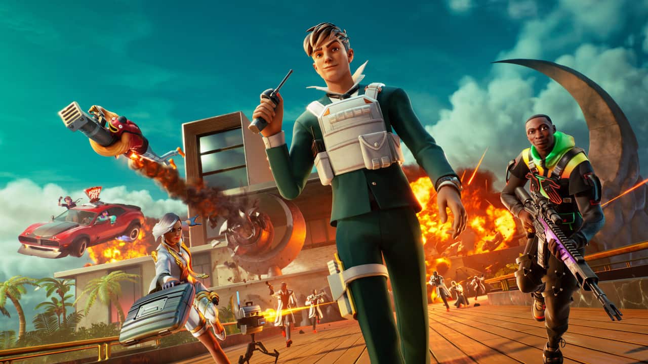 An image of characters in fortnite running away from a building that has exploded. Armed guards chase them, but the lead seems to be walking.
