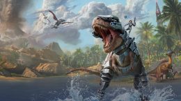 A woman riding a tyrannosaurus Rex covered in armor in Ark Survival Ascended. More prehistoric life are nearby and their in a lake.
