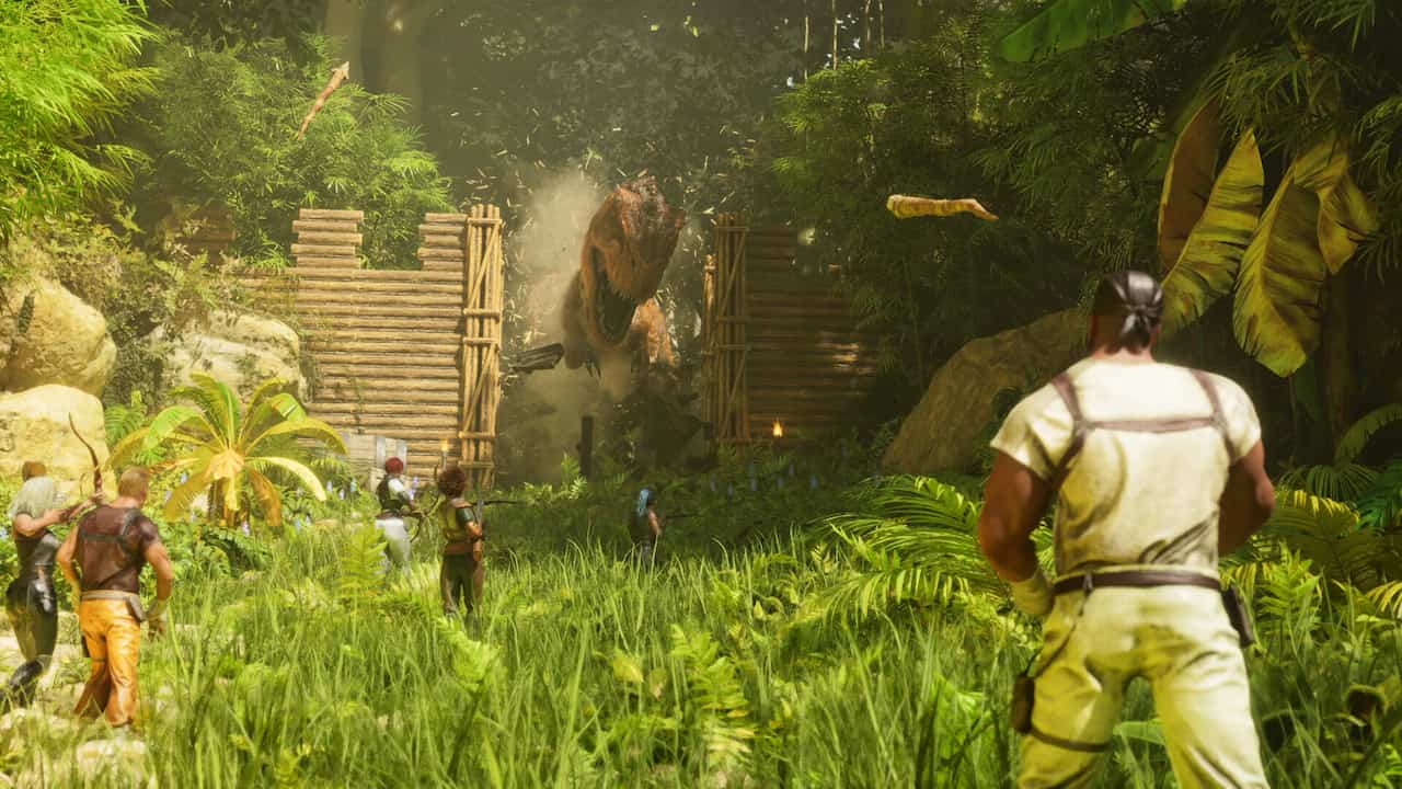 Ark: Survival Ascended T-Rex breaking through wall and people are waiting with weapons for it.