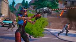 Players in Fornite OG running to smoke, some with weapons and one inside a bush disguise. Player closest to camera uses grappling hook.