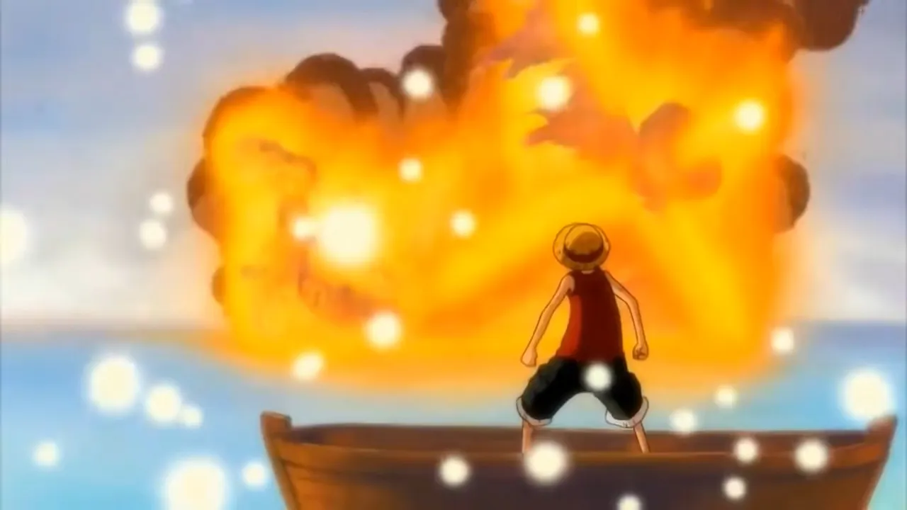 Luffy-watching-the-Going-Merry-burning