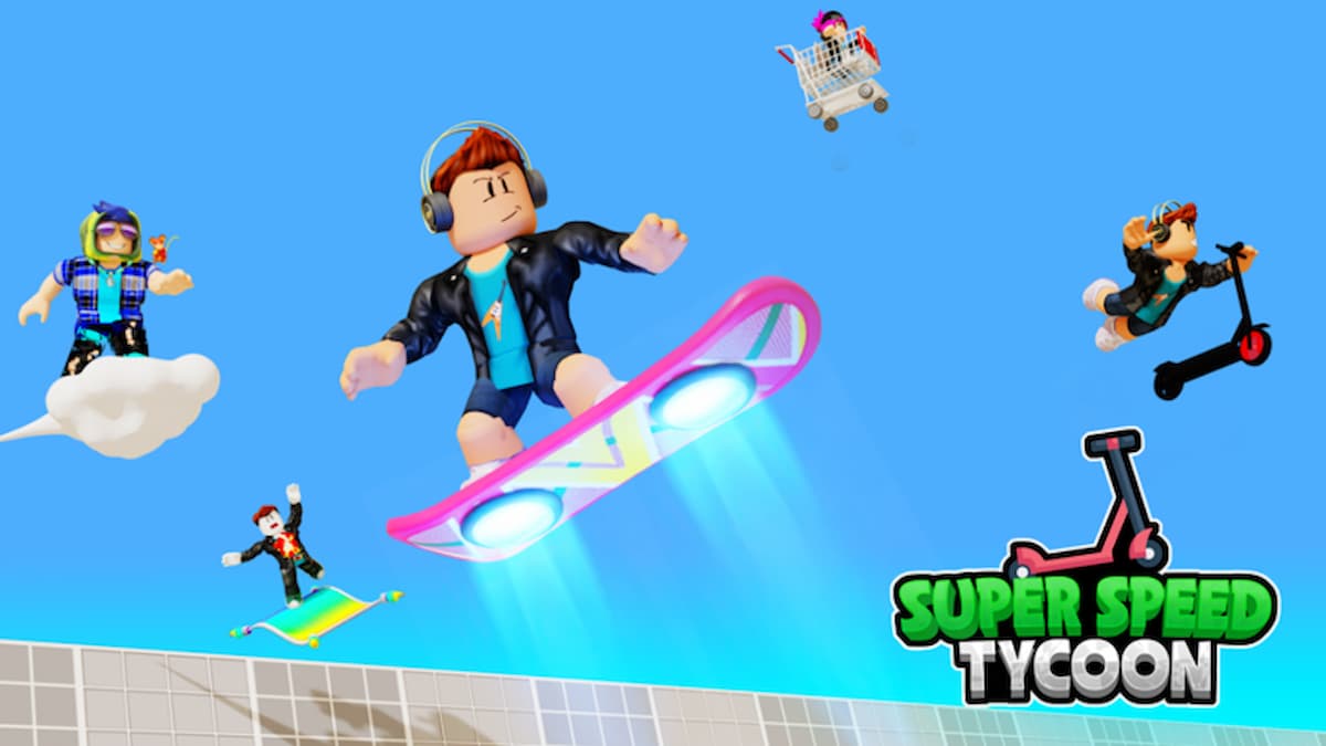 Players in Roblox Super Speed Tycoon jumping off of a tower with their vehicles.