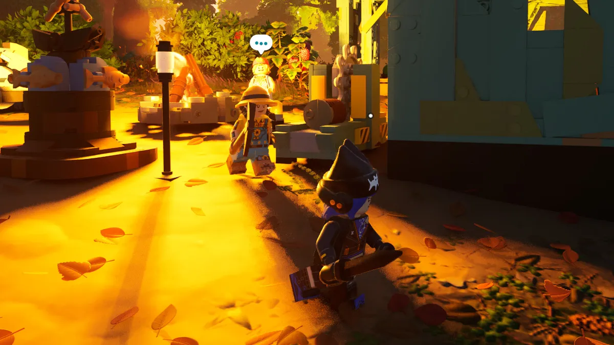 There is a player in LEGO Fortnite running while the sun hits their back. Buildings surround the player.