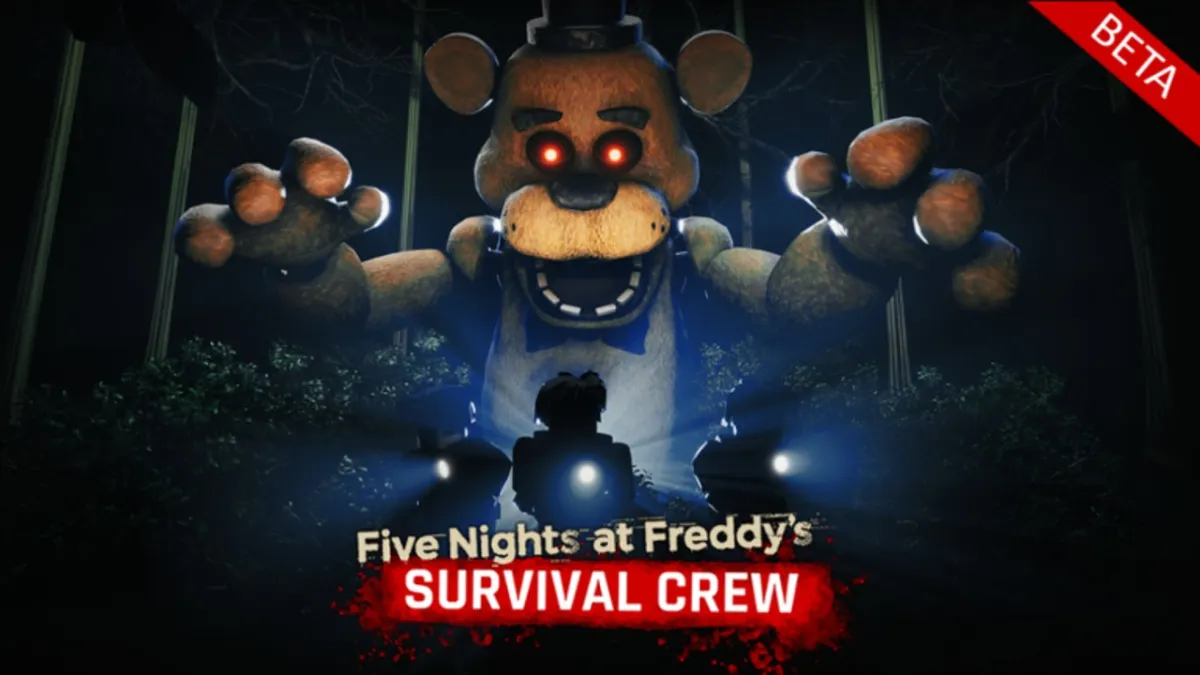 The cover for the 'Five Nights at Freddy's Survival Crew' Roblox Experience. A large Freddy Fazbear is looming menacingly over the silhouettes of three Roblox avatars holding flashlights