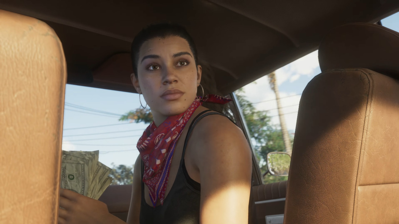 Lucia holding money in a car in the Grand Theft Auto VI trailer
