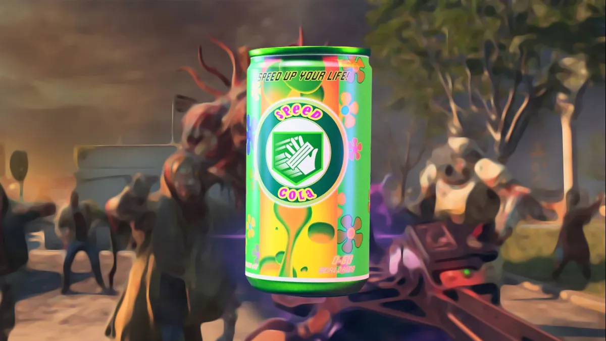 Image of a Speed Cola can in front of a blurred background with zombies present.