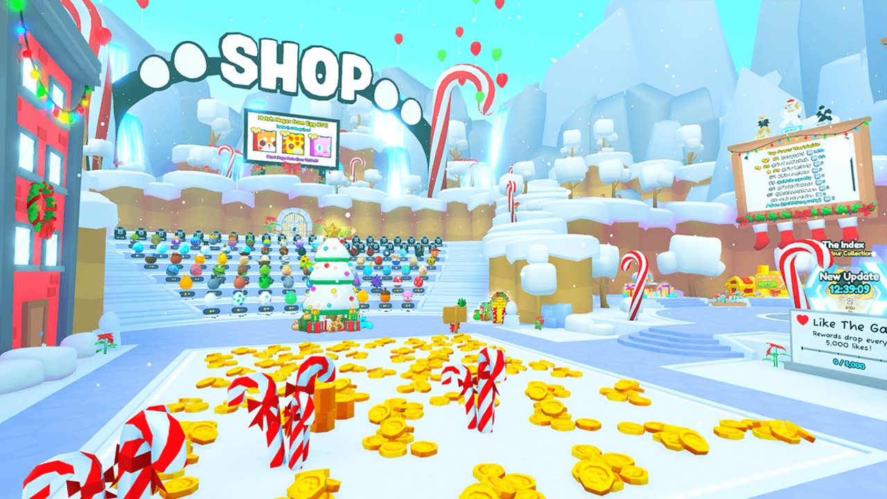 The Pet Simulator 99 lobby decorated with snow and various Christmas trinkets, such as candy canes