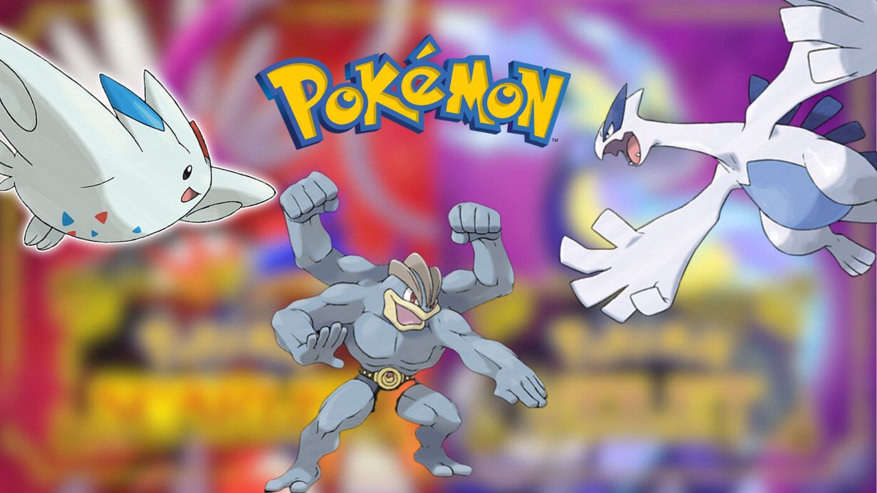 Togekiss and Lugia honing in on Machamp, a fighting Pokemon.