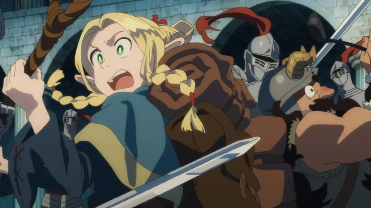 Delicious In Dungeon episode 3 screencap of Marcille fighting against the Living Armor