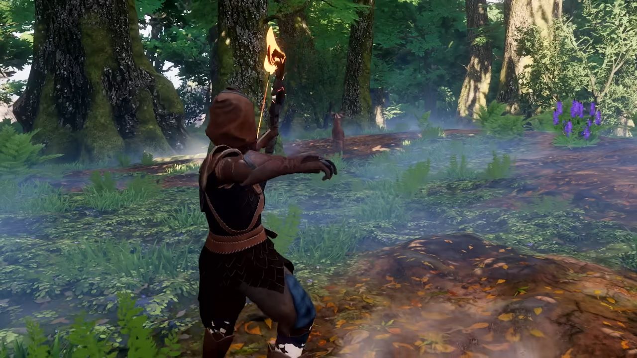 Image showcasing an Enshrouded character holding a bow and aiming at a nearby deer next to trees in a forest.
