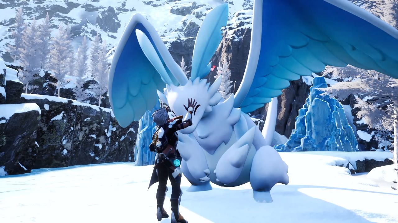 Image of character petting a Pal in Palworld in a snowy environment. The Pal looks content and happy.