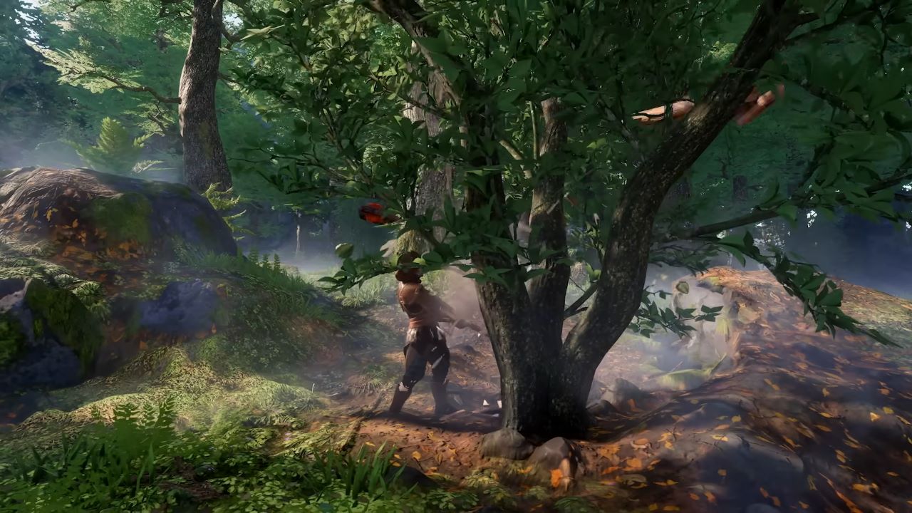 Image showcasing a character attempting to cut down a tree in the world of Enshrouded.