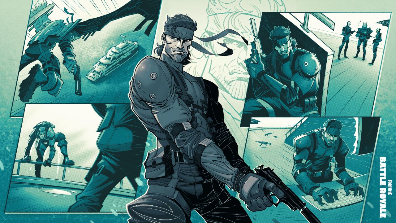 Image of the Solid Snake loading screen in Fortnite with Solid Snake visible in the center of the image.