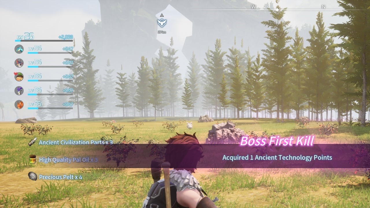 Palworld player in a field, and a "Boss First Kill" banner hovers over the player.