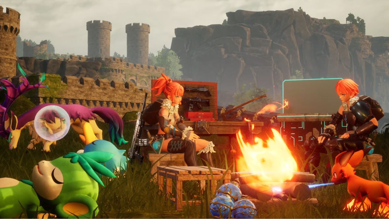 Image of characters and pals surrounding a campfire staying warm in Palworld.