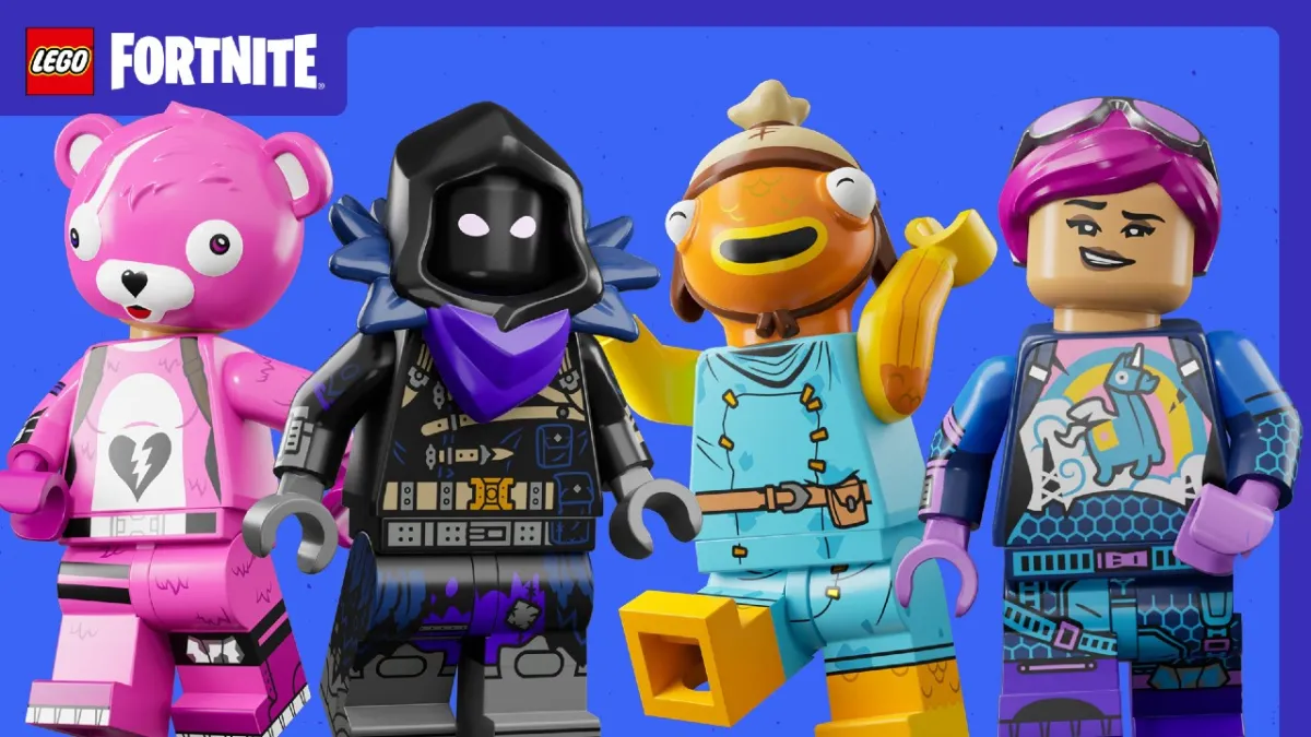 LEGO Fortnite characters posing in front of a purple background. From left to right, Cuddle Team Leader, Raven, Fishstick, and Brite Bomber