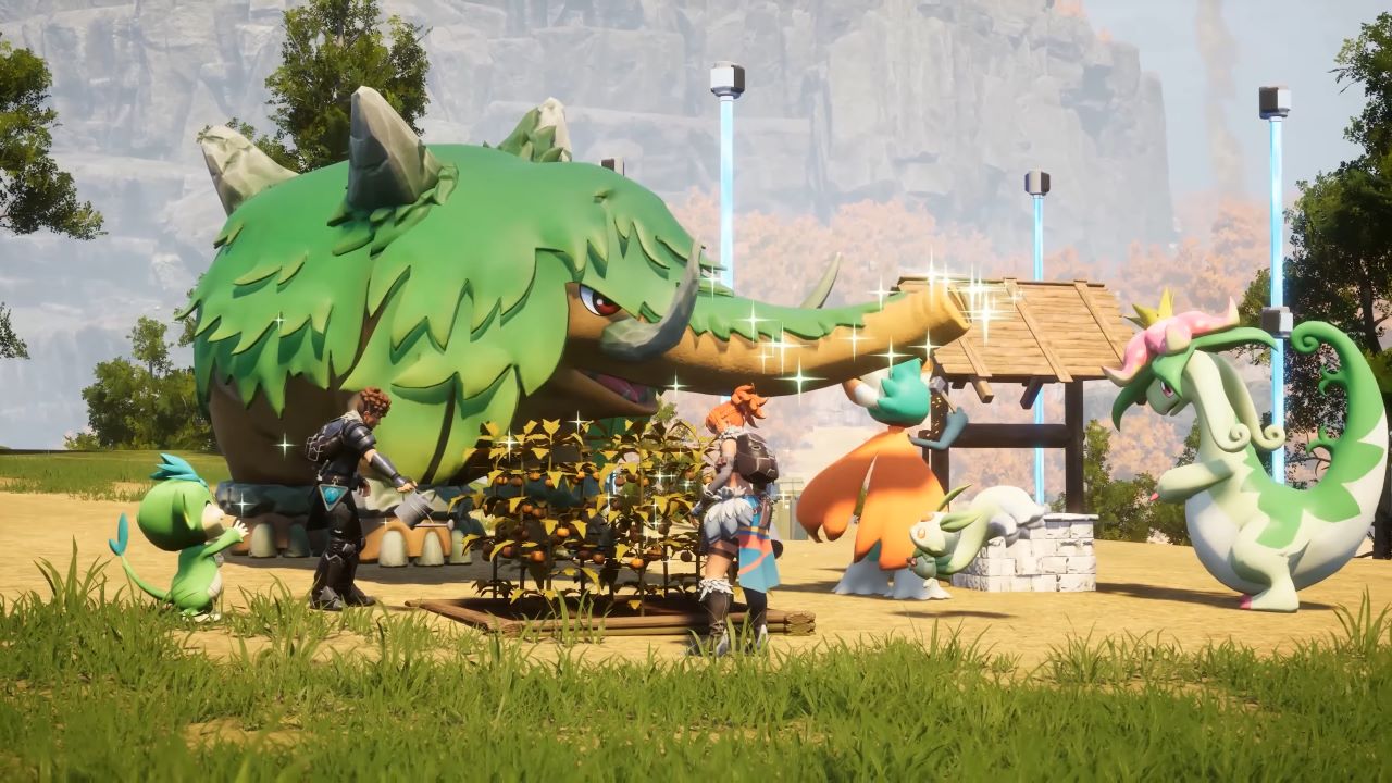 Image of pals surrounding a player base in Palworld. There are beams visible hitting the ground.