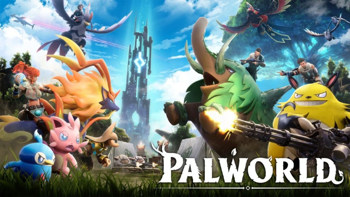 Key art of Palworld, featuring a variety of Pals and humans facing off against in a field. "PALWORLD" is written in a large white font in the bottom right corner