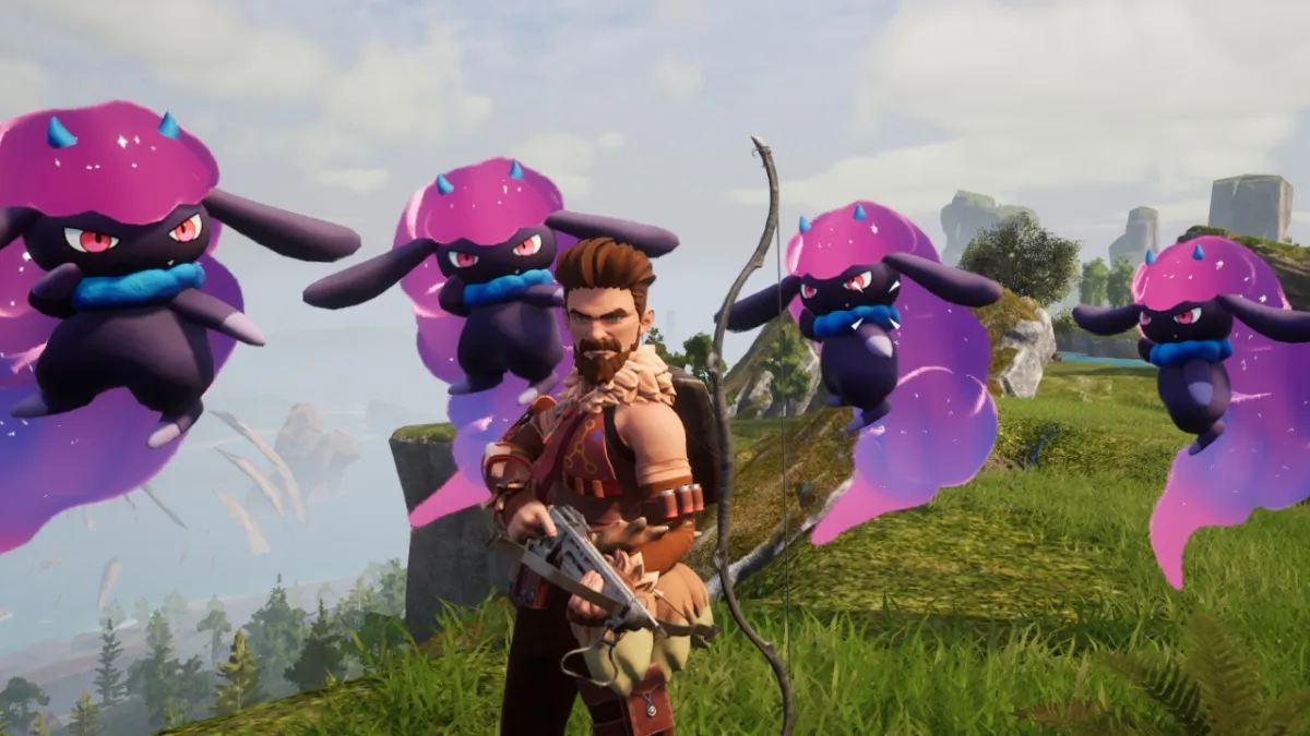 Four Daedreams hovering behind a player character in Palworld