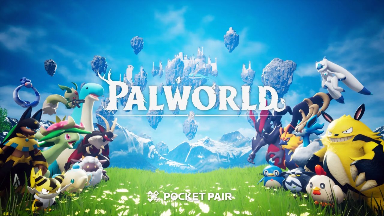 Palworld title art, featuring a wide range of Pals facing each other in a field