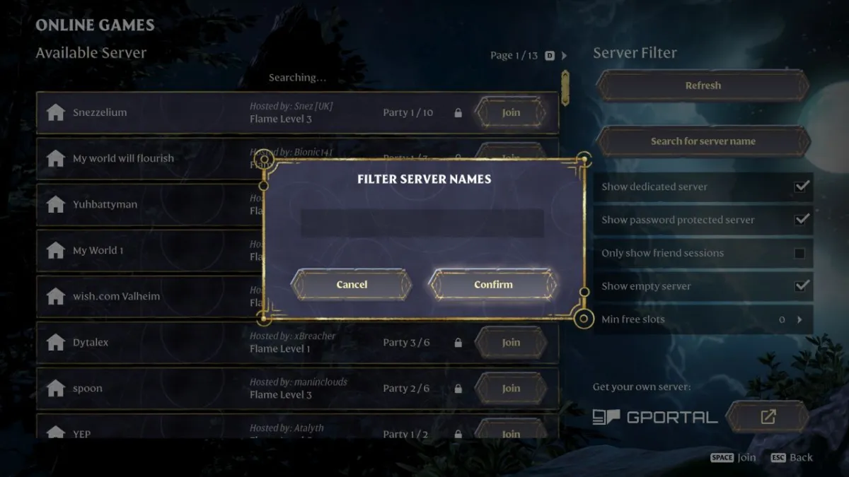 Image showcasing the Enshrouded Join Game section and a server name search box.