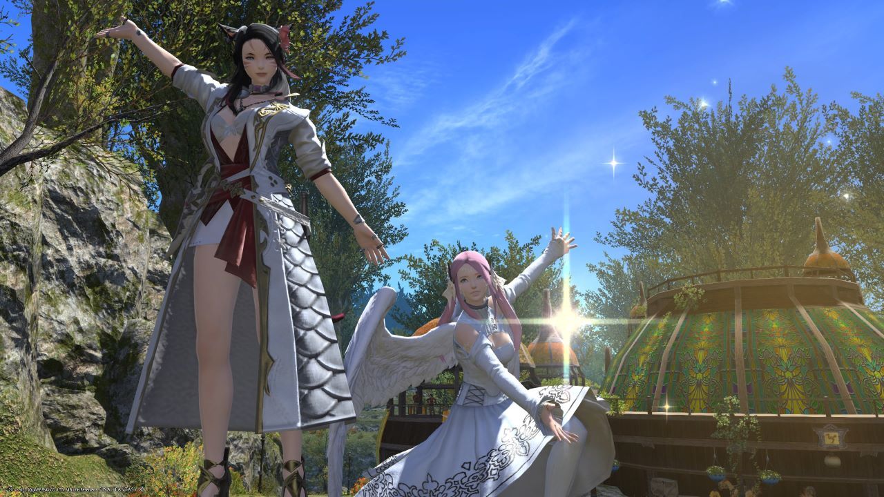 Image of two characters in Final Fantasy XIV posing in front of a forest environment. There is a sparkle clear on the screen.