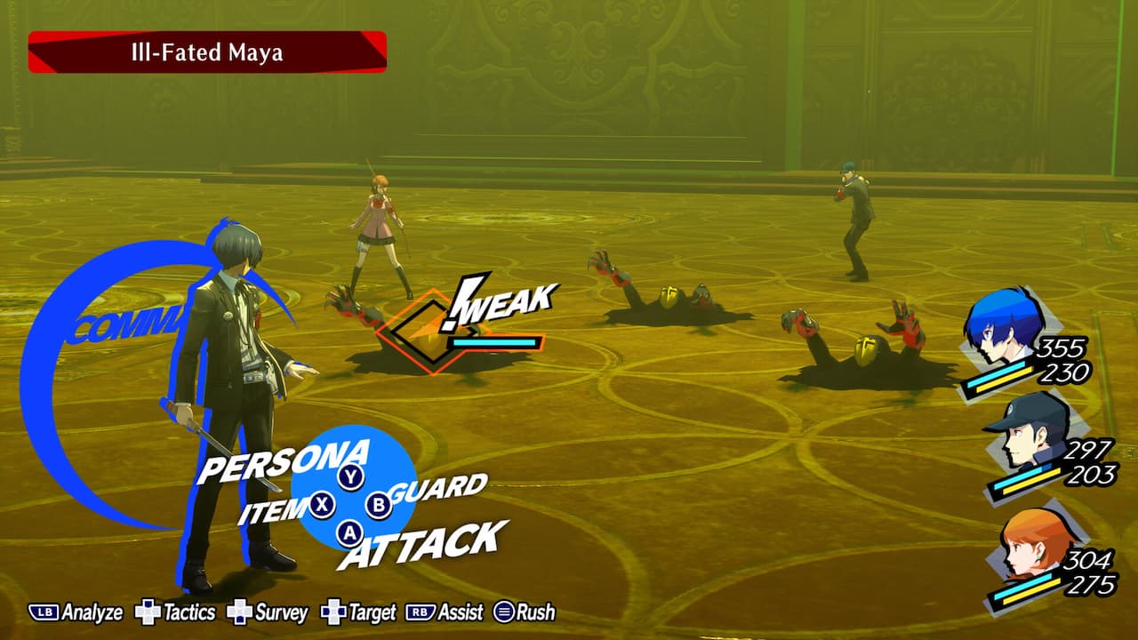 Image of Persona 3 Reload Combat. Enemy has a Weakness in the image.