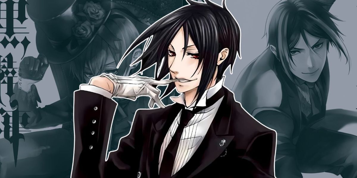 Collage style image featuring cover art from the Black Butler manga and official artwork of Sebastian