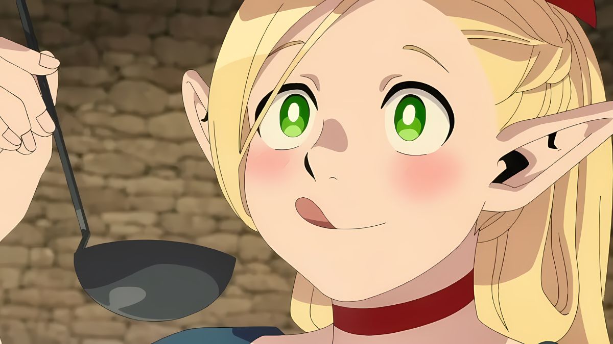 Marcille holding up a ladle in a screencap from Delcious in Dungeon