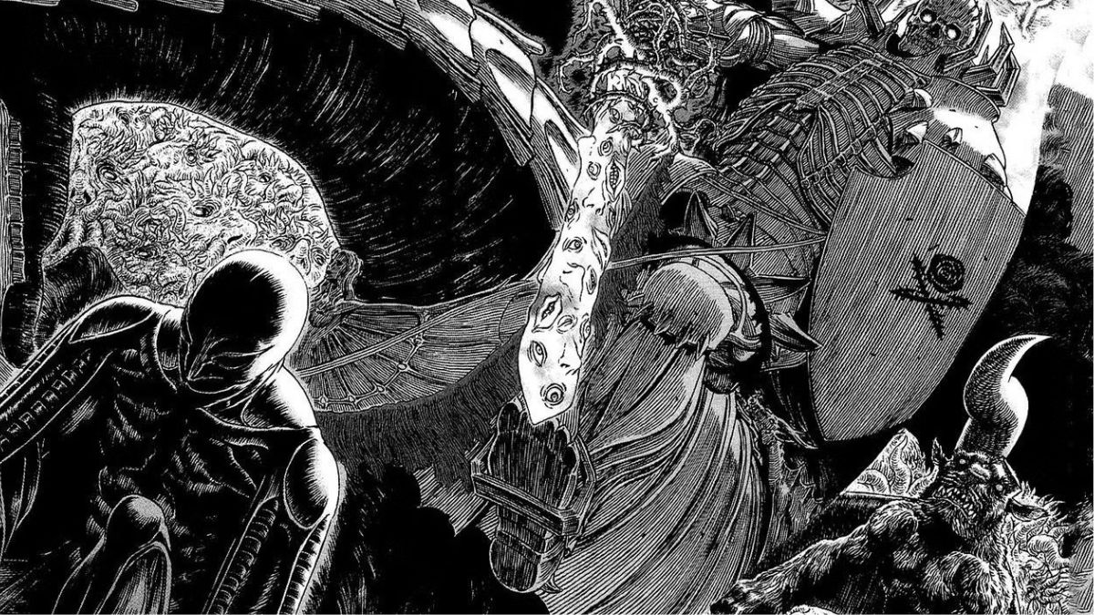 Offizielles Berserk-Artwork von Griffith und einem dämonischen Skelettkrieger, der hinter ihm steht