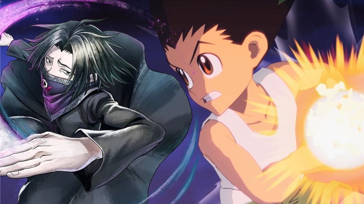 Gon in Hunter x Hunter Nen Impact and Feitan official artwork spliced together in a collage-style image