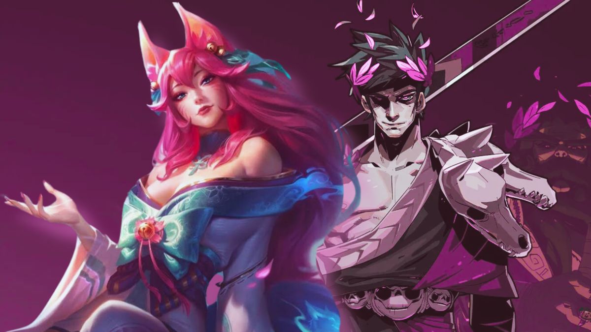 Hades collage-style image featuring official artwork from the game as well as Spirit Blossom Ahri from league of Legends