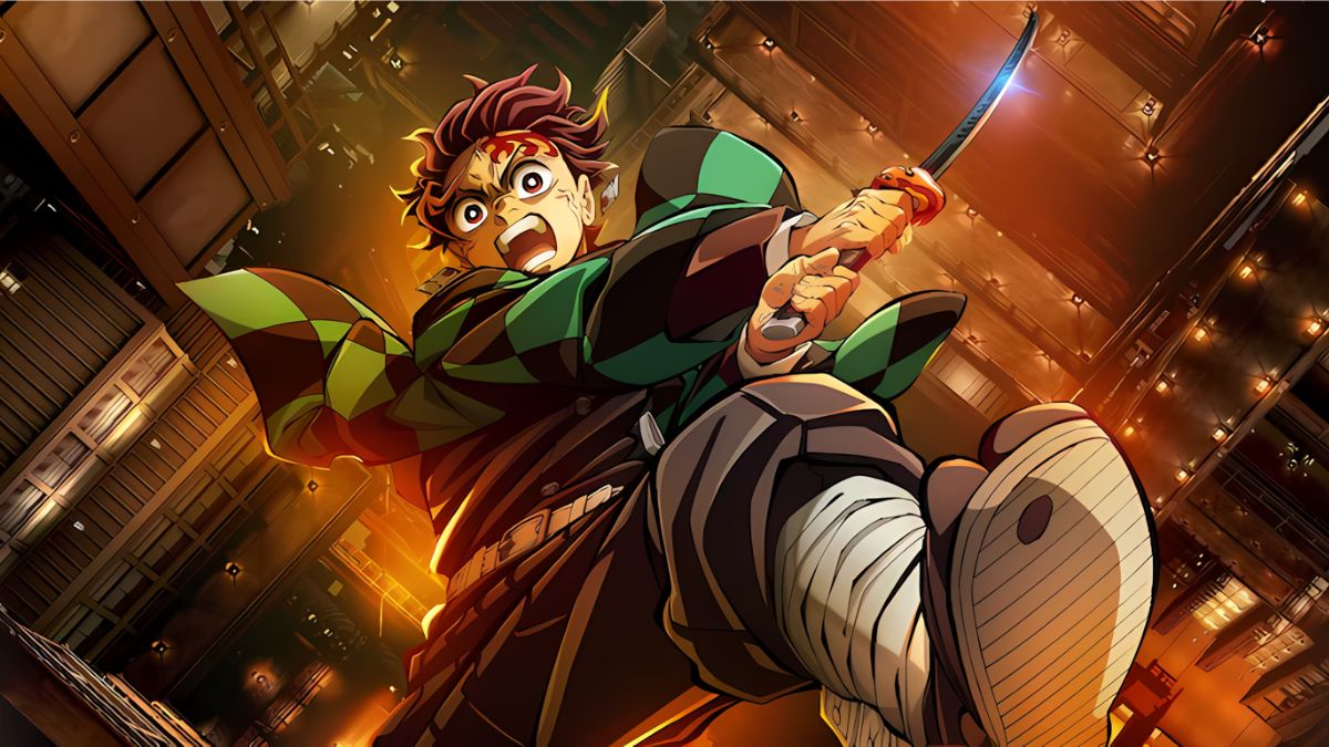 Tanjiro Kamado lashing out with a sword in the official promotional art work of Demon Slayer's upcoming Infinity Castle movie trilogy