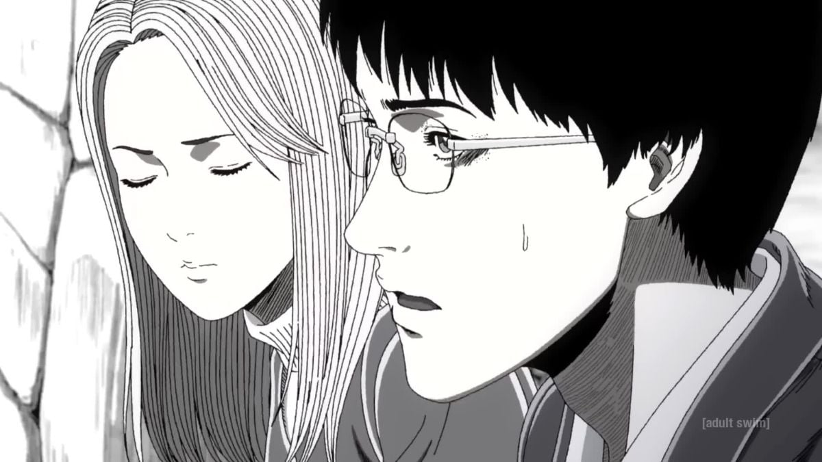 Uzumaki official anime adaptation visual of the two main characters speaking with one another