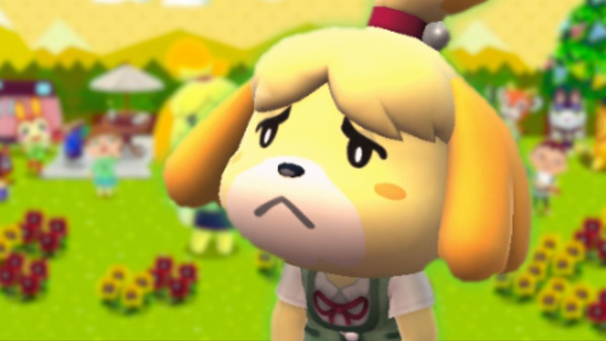 Isabelle making a sad expression while layered above the Animal Crossing Pocket Camp logo