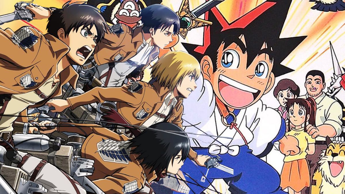 Collage style image depicting Eren Yaeger and the other scouts from Attack on Titan and the protagonist from Yaiba