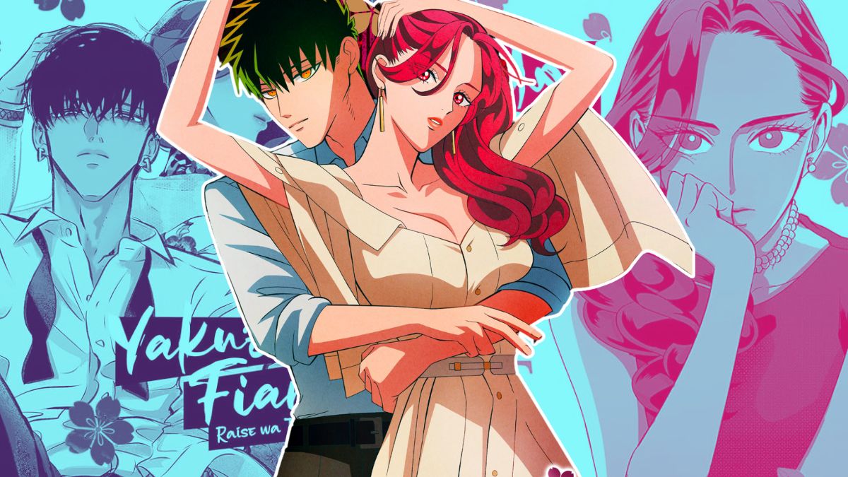 Collage-style image featuring the two leads from Yakuza Fiance's anime adaptation overlayed on official manga cover artwork