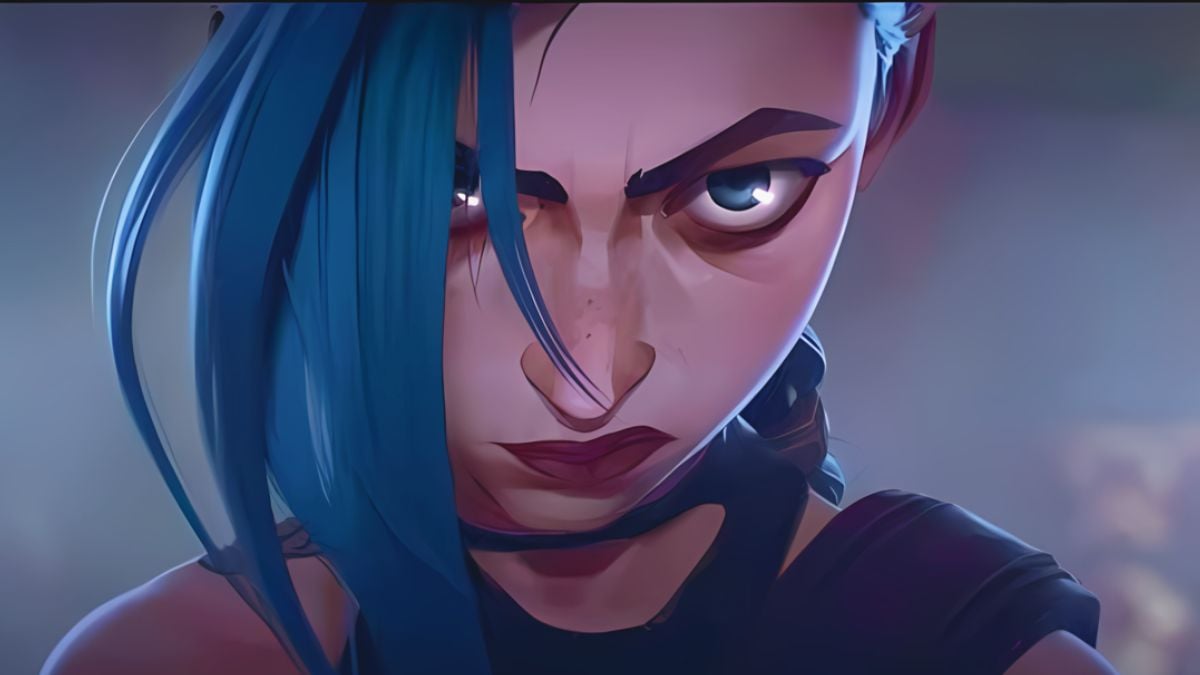 Jinx from League of Legends Arcane making a serious face